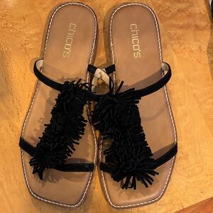 Chico's Delray Suede Black Fringe Slide Bohemian Inspired Sandals